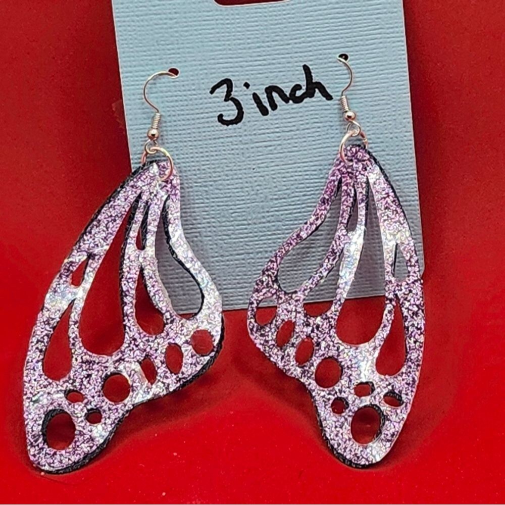 Hand Crafted Dangle Earring Navy Blue And Pink Sparkle Faux Leather Butterfly